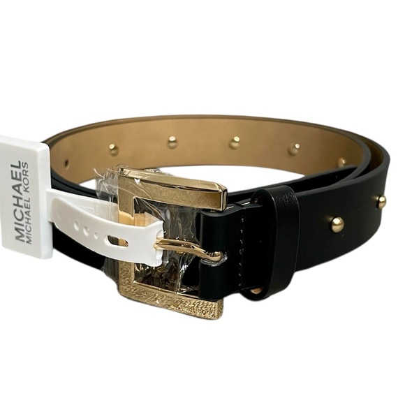 Michael Kors Studded Black & Gold Leather Belt - 33.25-39.25” Length $78 New